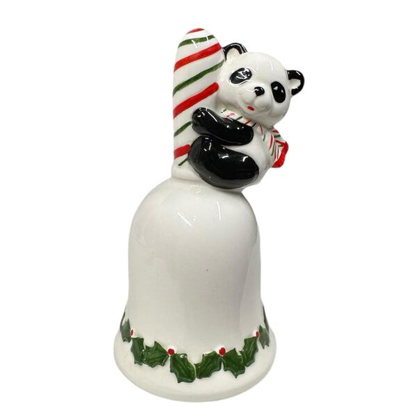 Vintage Lefton Christmas Bell with Panda Bear Candy Cane Striped Handle Holly - Picture 1 of 6